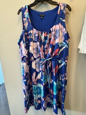 Nina Leonard Floral Sleeveless Blue Tie-Waist Dress